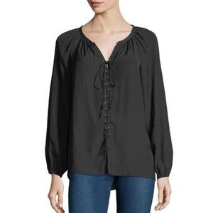 Ramy Brook Kat Black Lace Up Blouse Size Small Blouson Sleeves